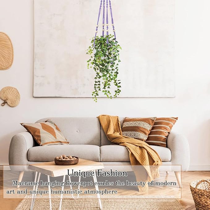 Augshy Macrame Hanging Planter, Hanging Planters for Indoor Outdoor Home Decor, Hanging Plant Holder No Tassels Set of 2 with 4 Hooks