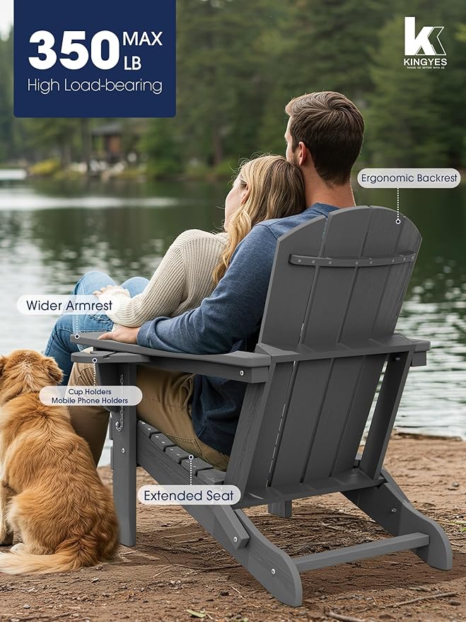 KINGYES Folding Adirondack Chair with Dual Cup Holders - HDPE All-Weather Outdoor Chairs, Grey
