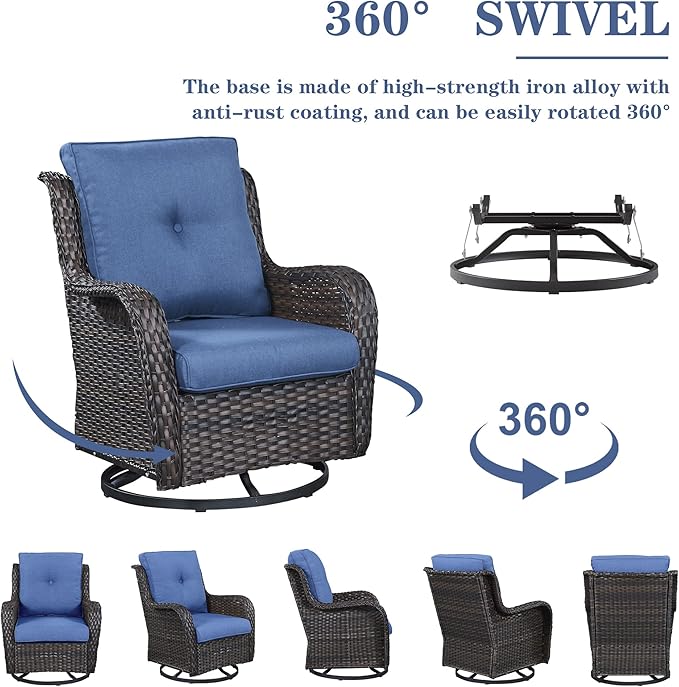 Wicker Patio Furniture Sets - 13 Piece Outdoor Rattan Furniture Conversation Sets with 4 Swivel Rocker Chairs, 2 Rattan Sofas, Wicker Ottomans and Coffee Table, Brown/Blue