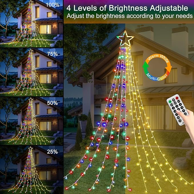 Christmas Decoration Lights, Outdoor String Lights 320 LED 11.5 Ft Waterfall Tree With Big Star Topper 8 Modes for New Year Holiday Garden Yard Indoor Outdoor Decor
