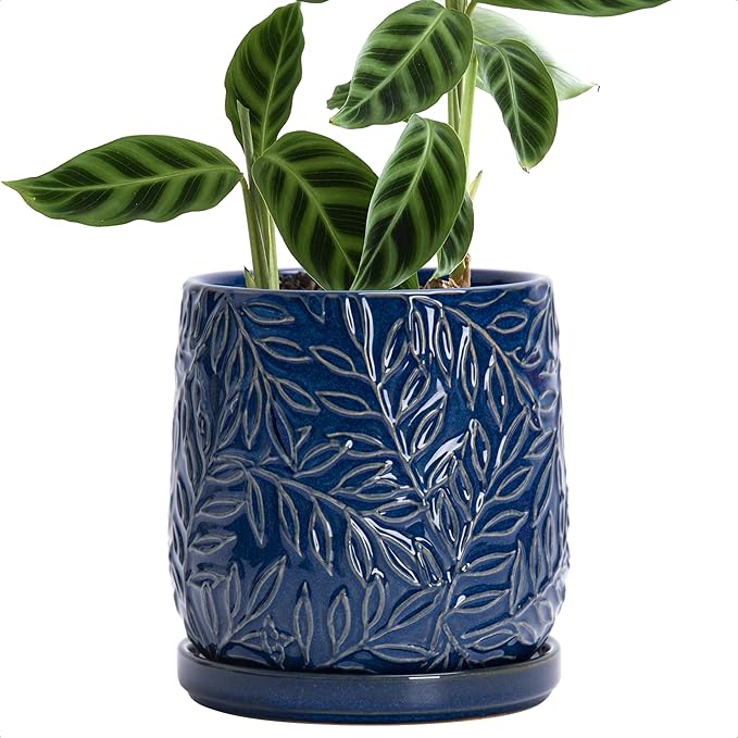 D'vine Dev 6 Inch Embossed Leaves Stoneware Planter Pot with Drainage Hole and Saucer, Midnight Blue, 27-A-X-3