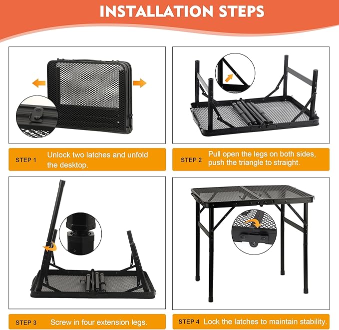 Camping Table with Mesh Desktop, Lightweight & Portable Small Folding Grill Table, Height Adjustable Metal Outdoor Table for Camp, Cooking, BBQ, RV, Picnic-2 FT Black