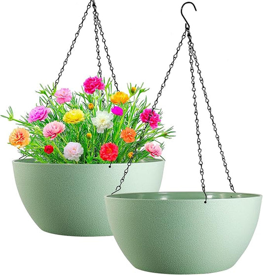 WOUSIWER 13 inch 2 Pack Large Hanging Planters for Indoor Outdoor Plants with Drainage Holes and Chain, Round Hanging Flower Pots for Garden Home Porch Decor, Green