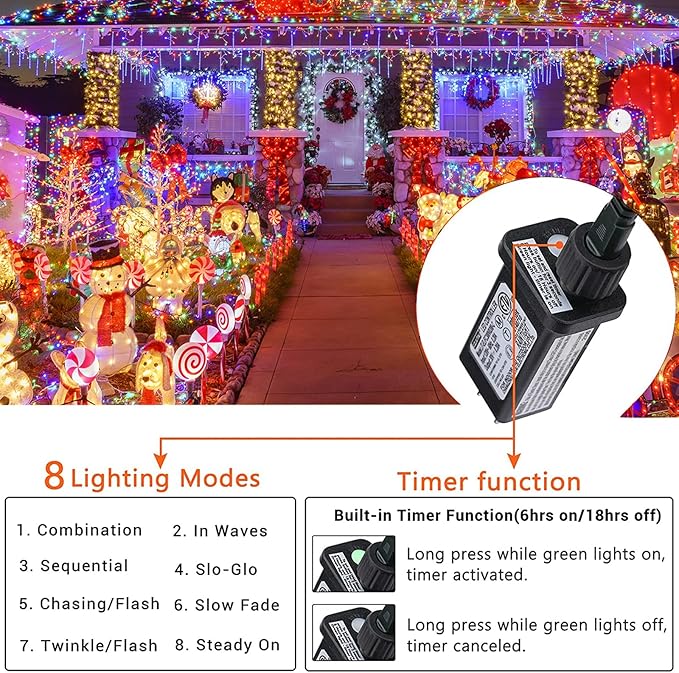 Multicolor 75 Ft 200 LED String Lights - Connectable, 8 Modes, Timer, Waterproof Fairy Twinkle Lights for Christmas Party, Garden, Patio, Home, Holiday, Xmas Tree Decorations
