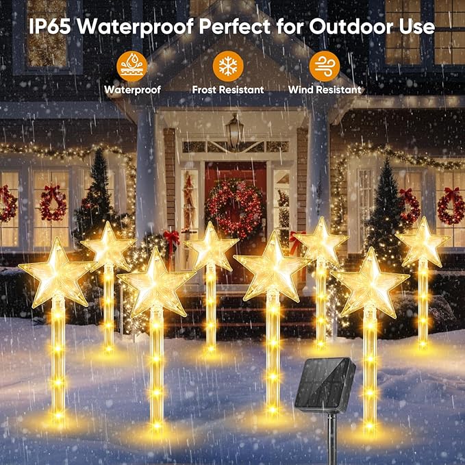 Christmas Decorations Solar Lights Outdoor: 8 Pack 64 LED Solar Christmas Lights Outdoor Waterproof, 8 Warm White Lighting Modes Christmas Pathway Lights Xmas Decor for Outside Yard Garden Backyard