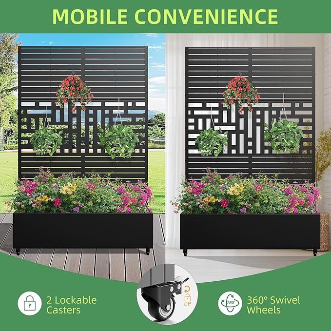 Casaphoria Metal Raised Garden Bed with Trellis and Wheels, 72"x47"x16" Planter Box for Climbing Plants, Vegetables & Vines, Features Drainage Holes and Privacy Screen, Black(Louvered&Helen)