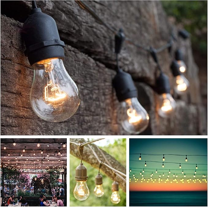 Hometown Evolution, Inc. 100 Foot E26 Outdoor Commercial String Lights with Suspended Socket for Weatherproof Heavy Duty Vintage Outside Lighting - Set of 50 A15 Clear Bulbs
