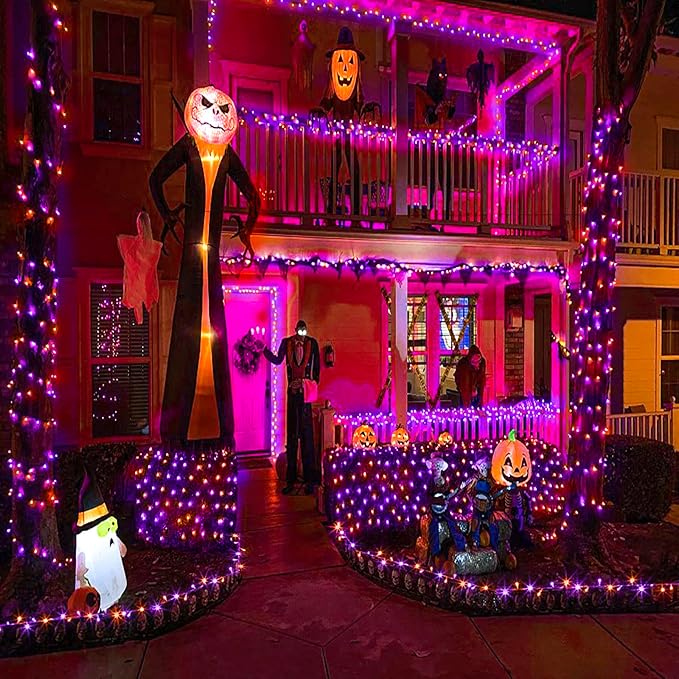 100 LED Halloween Lights Outdoor, 33ft Halloweem String Lights Indoor Clear Wire 8 Modes Waterproof Plug in Twinkle Fairy Lights with Timer Memory for Room Tree Party Decorations, Purple&Orange