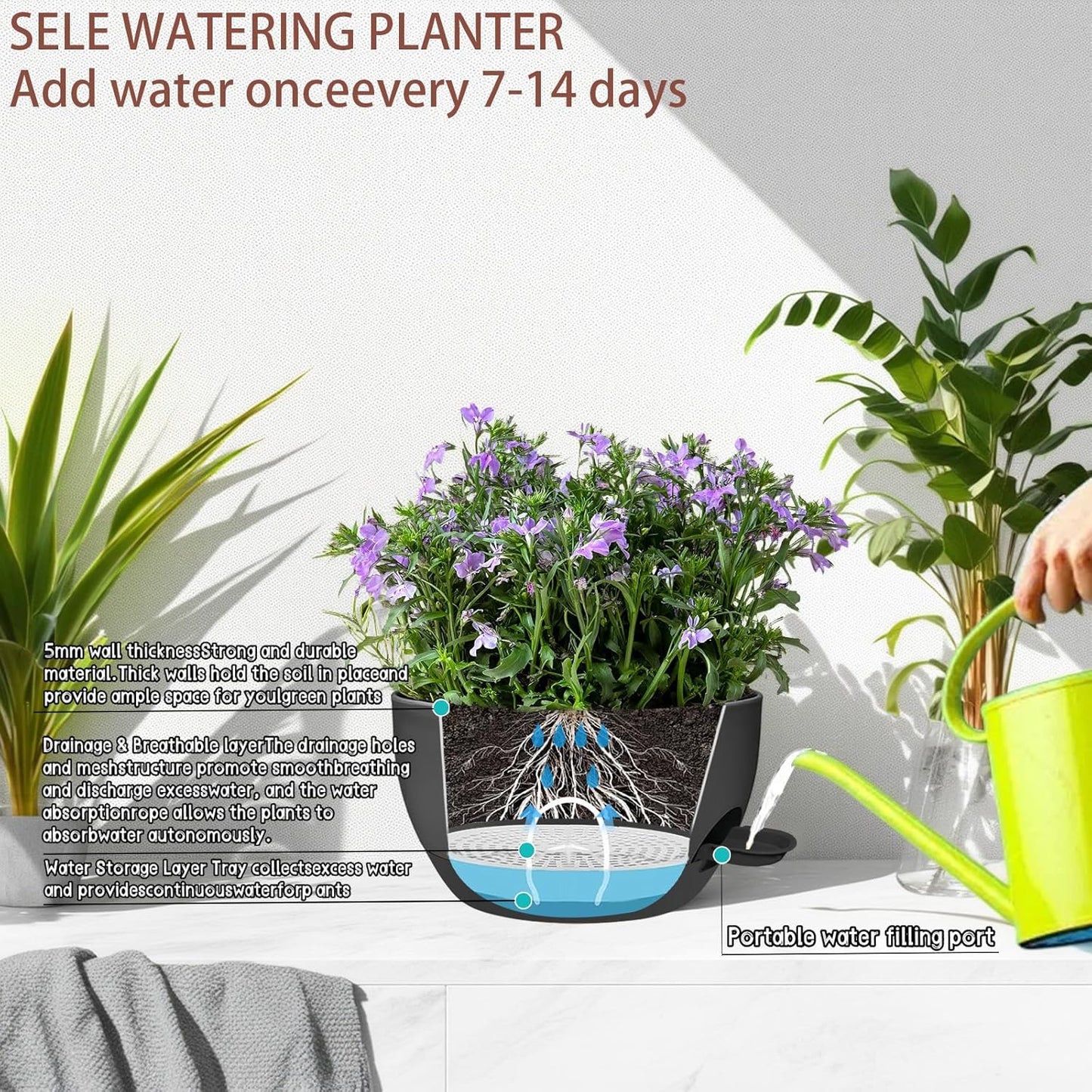 2 Pack 12 Inch Large Hanging Planters with Chains Self Watering Black Plastic Hanging Pots for Indoor Outdoor Plants, Garden Porch Home Decor，Black