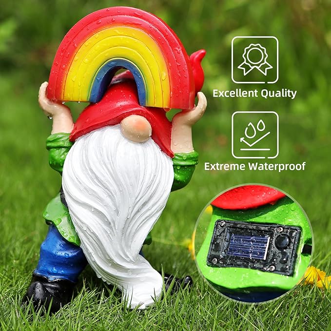 Garden Gnome Statue with Rainbow Solar Lights Large Garden Sculptures Outdoor Decorations Patio Lawn Yard Garden Decor Gifts for Women Mom