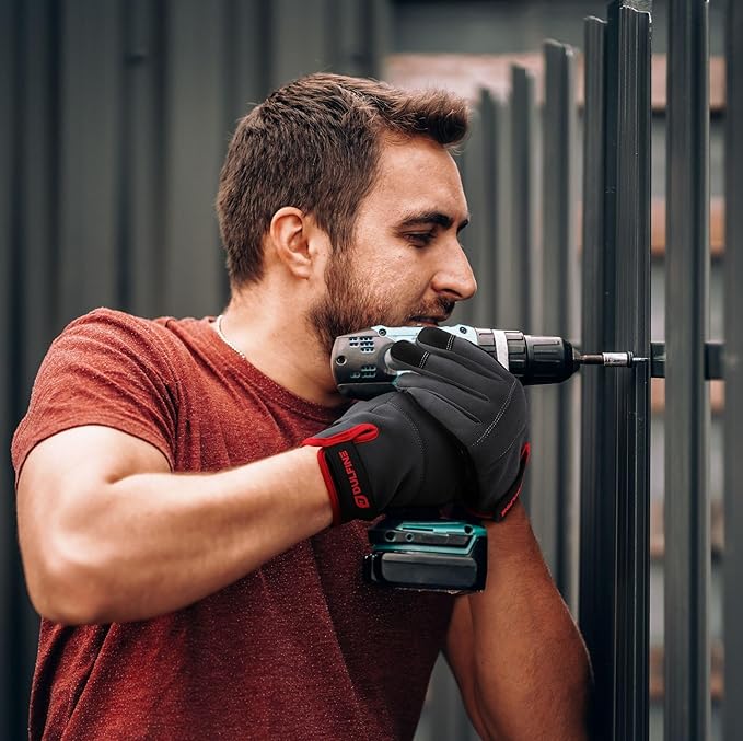 DULFINE Flex Grip Mechanic Work Gloves for Men,Black and Red Utility Safety Working Gloves Touch Screen,Excellent Grip,Ideal for Working on Cars and Outdoor Jobs(XX-Large)