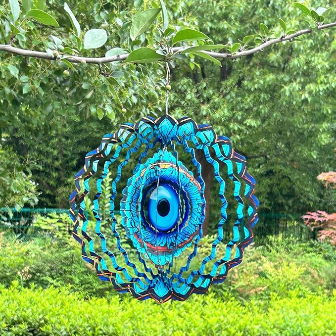 3D Wind Spinner Mandala 10 Inch Evil Eye Stainless Steel Wind Sculpture Blue Hanging Ornament Laser Cut Metal Art for Indoor Outdoor Garden Decoration Protective Amulet for Home and Yard