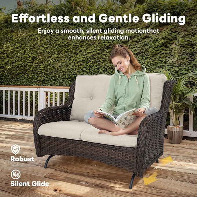 4 Piece Patio Furniture Set with Fire Pit Table - 41inch 50000 BTU Propane Fire Pit Table with High Back Loveseat Glider Chair and 2 Swivel Rocker Chair for Casual Gathering