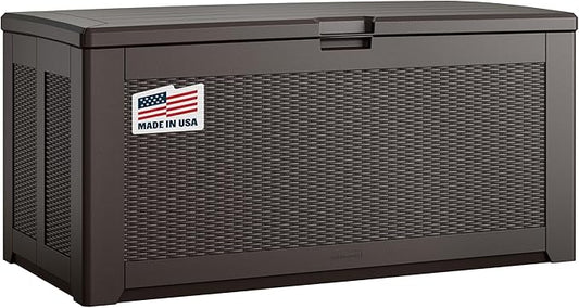 Rubbermaid Extra Large Resin Outdoor Storage Deck Box (134 Gal), Weather Resistant, Brown, Deck Organization for Home/Backyard/Pool Chemicals/Toys/Garden Tools/Porch/Patio Cushions