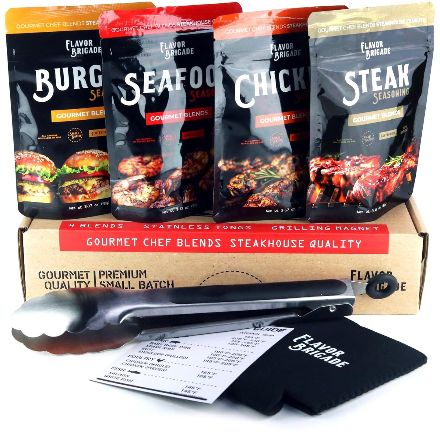 Flavor Brigade Gourmet Grilling Spices Gift Set for Guys, Dad, Men, BBQ Grill Accesories, Smoker, Seasonings, Rub, Steak, Burgers, Chicken, Fish & Stainless Tongs (4 Bags, 7 Piece Set)