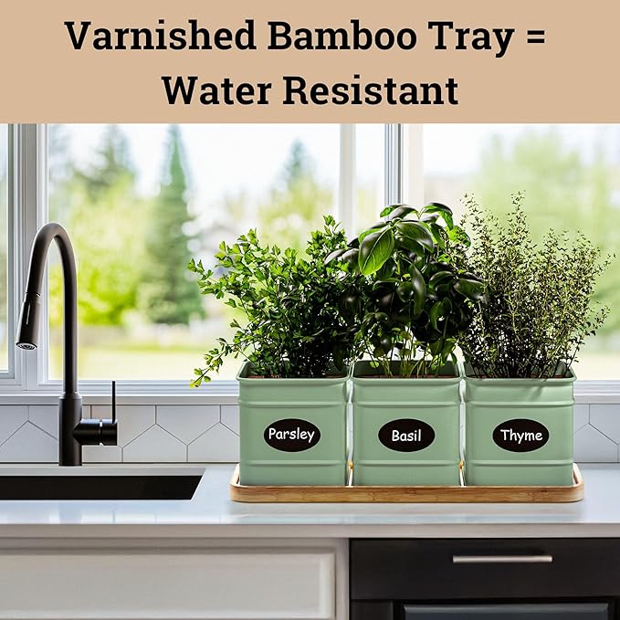 Herb Planter Indoor - 3 Iron Herb Pots with Drainage Holes, Varnished Bamboo Tray, Customizable Labels & Marker Pen - Indoor Herb Garden Planter - 3 Pots for Herbs - Inside Spice Garden - Basil Pot