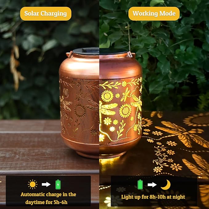 Solar Lanterns Outdoor, Waterproof Hanging Solar Lantern Garden Decor, Solar Lights for Backyard Porch Patio Table Yard Balcony Lawn Pathway, Dragonfly Gifts for Women Grandma Mom