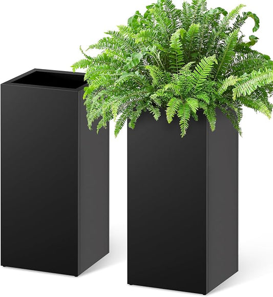 Stoog 30" Tall Planters for Outdoor Plants, All-Weather Metal Planter Boxes Set of 2, with Removable Insert Shelf, Modern Design, Indoor/Outdoor Use, Black