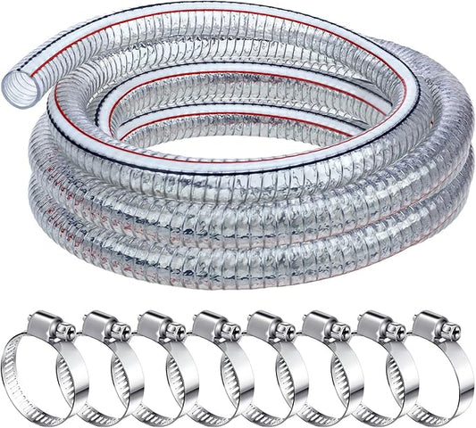 Frienda Heavy Duty Steel Wire Flexible Tubing with Fasteners PVC High Pressure Drain Hose Tube Pond Tubing Clear Wire Reinforced for Pond Bilge Pump Vacuum Suction Hose(16.4 Ft, 1 Inch Id)