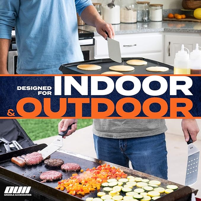 Flat Top Griddle Accessories Set for Blackstone and Camp Chef Griddle - 14 Pieces Set with Griddle Cleaning Kit & Carry Bag! Metal Spatula, Griddle Scraper, Egg Rings for Teppanyaki & Gas Grill