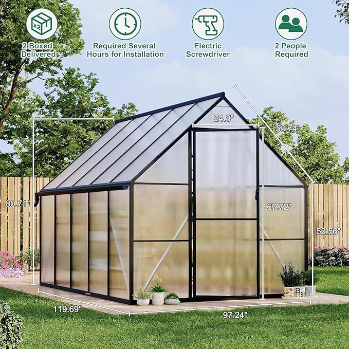 Greenhouse 8x10 FT Aluminum-Framed Heavy Duty Polycarbonate with Quick Setup Structure and Roof Vent, Large Enhanced Outdoors Green House Kit