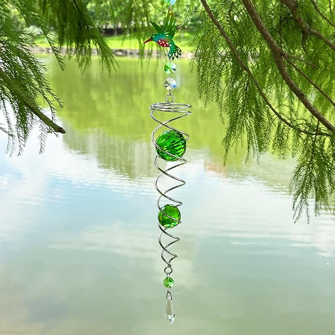 FONMY Hummingbird Gazing Ball Spiral Wind Spinner Sun Catcher Rainbow Maker Silver Spiral W/ K9 Green Crystal Ball Tree Hanging Ornament Indoor Outdoor Garden Decor. -19.5inch H