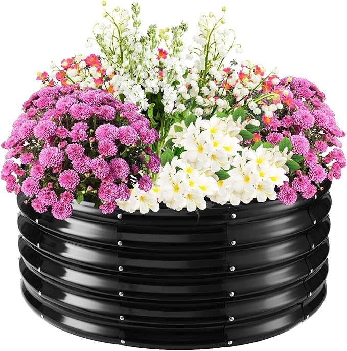 17" Tall Elevated Round Metal Rised Garden Bed- 3.3'x3.3' in Size and 0.8MM Thick Durable Planter Box for Vegetables Flowers Succulent at Patio/Garden Outdoor (Black, 3.3FT Diameter)