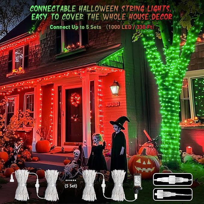 JMEXSUSS 200 LED Christmas String Lights Outdoor, Red & Green Christmas Lights Clear Wire, 11 Modes Connectable Twinkle String Lights Plug in for Christmas Halloween Garden Home Decorations