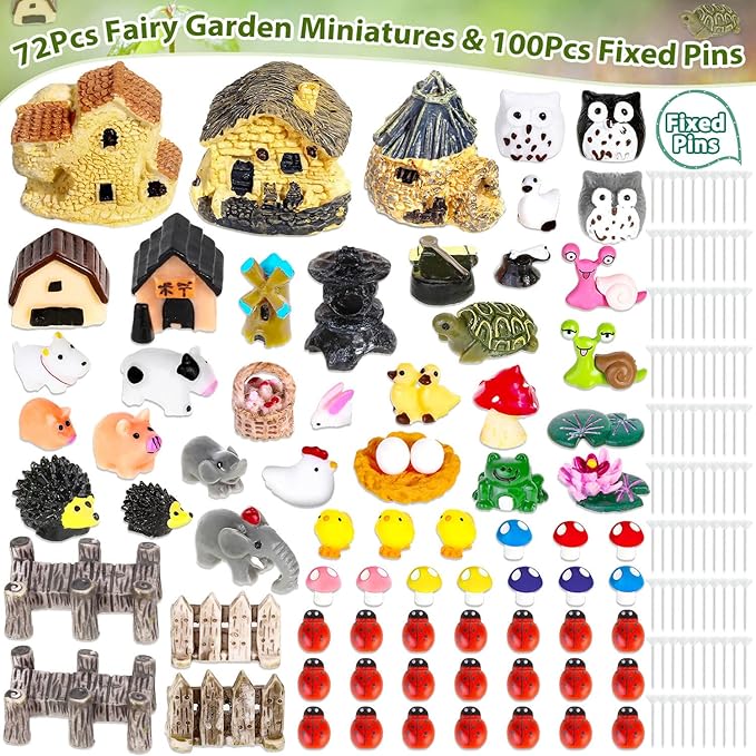 172Pcs Miniature Fairy Garden Accessories Including 100Pcs Fixed Pins, modacraft Fairy Garden Kit Fairy House Animal Figurines Mini Landscape for Garden Dollhouse Potted Plant Bonsai Terrarium Décor