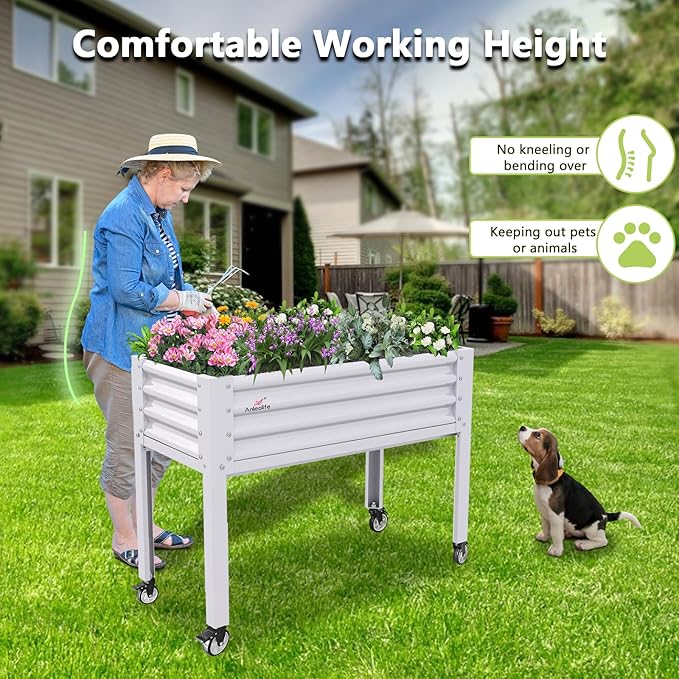 A ANLEOLIFE 3-Set Galvanized Raised Garden Bed with Legs,48x24x35in Large Elevated Planter Box on Wheels with Drainage Holes for Backyard, Balcony, Patio, 600lb Capacity, Antique White