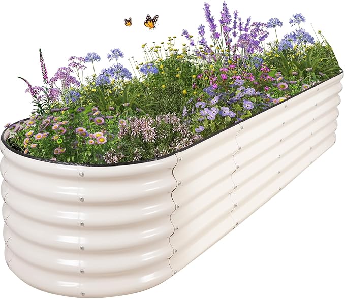 Galvanized Raised Garden Bed - 8x2x1.4FT Metal Planter Boxes Outdoor | Oval Steel Raised Bed Kit for Gardening with Protective Tape, Bracing Rods, Gloves for Vegetables, Flower, Herb (White)