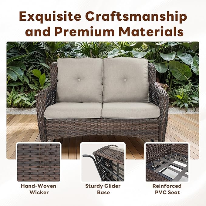 4 Piece Patio Furniture Set - Outdoor Glider Bench with Swivel Rocker Chairs and Coffee Table, High Back Small Outdoor Conversation Furniture Sets for Deck Sunroom Balcony Backyard