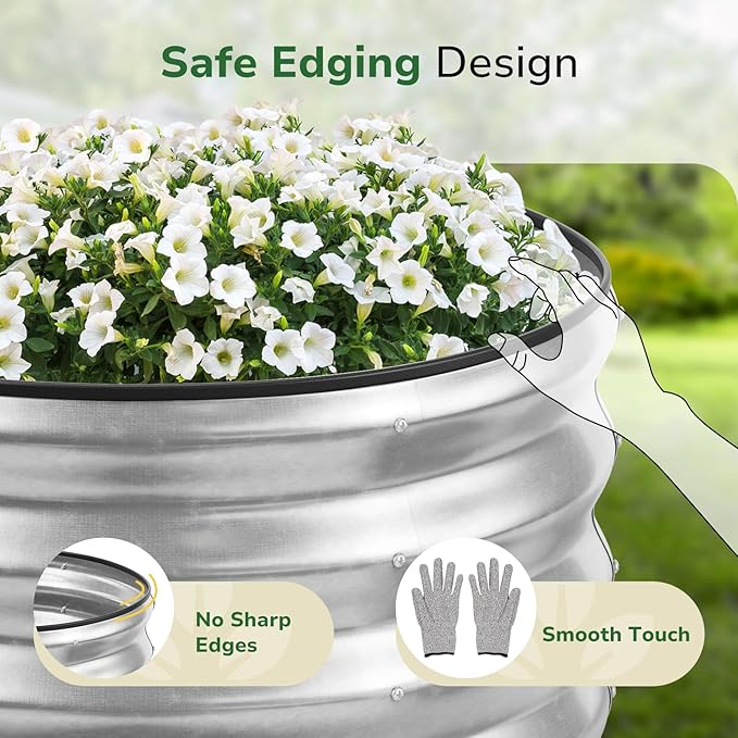 GreatBuddy 2x2x1 ft Round Galvanized Raised Garden Bed, Easy-Assembly Raised Bed with Anti-Cut Gloves & Tools, Rust-Proof Garden Bed for Outdoor, Vegetables, Herbs, Small Trees, Silver