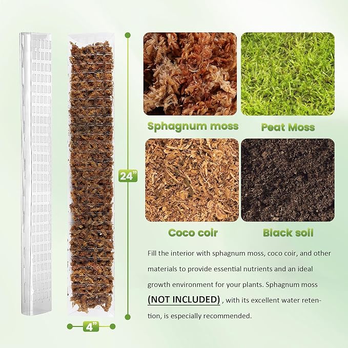 EOX 6 Pcs 24 Inch Plastic Moss Pole for Plants Monstera, Plant Poles for Climbing Plants, Plant Support for Indoor Plants Work with Sphagnum Moss, Garden Ties