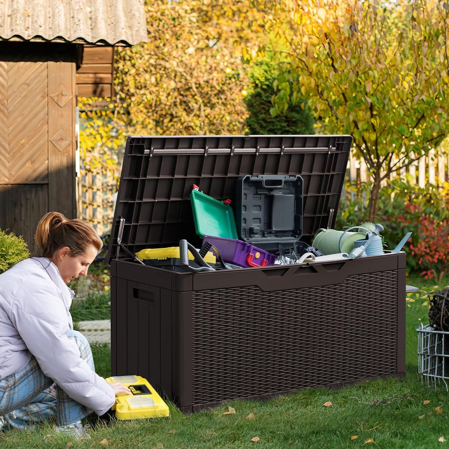 Greesum 100 Gallon Resin Deck Box Large Outdoor Storage Boxes with Cushions for Garden Tools, Patio Furniture Pillows, Pool Supplies, Dark Brown