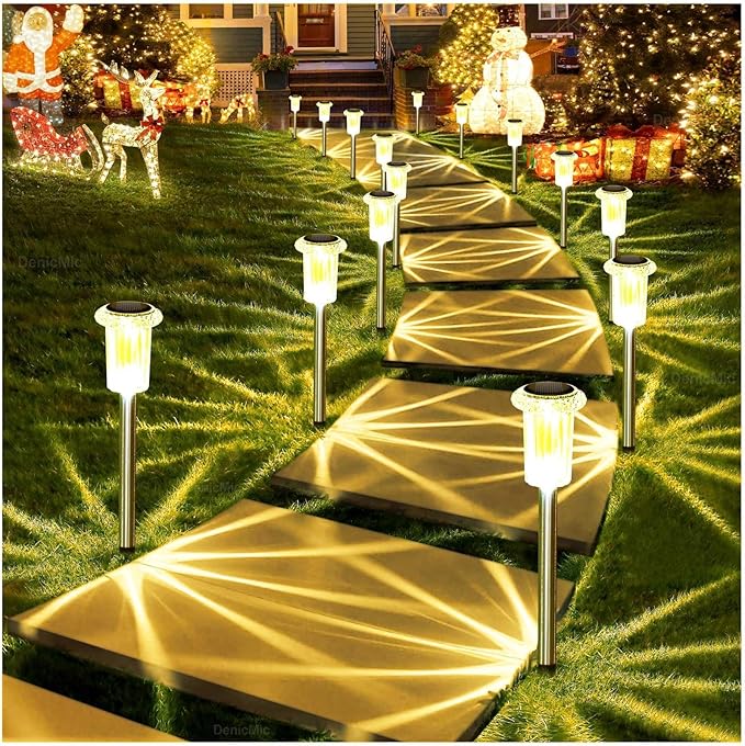 DenicMic Solar Lights Outdoor Pathway Lights 3000K LED Waterproof Acrylic Lamp Head Stainless Steel Stake for Yard Garden Landscape Path Walkway Driveway Patio Lawn (Warm White 10Pack)