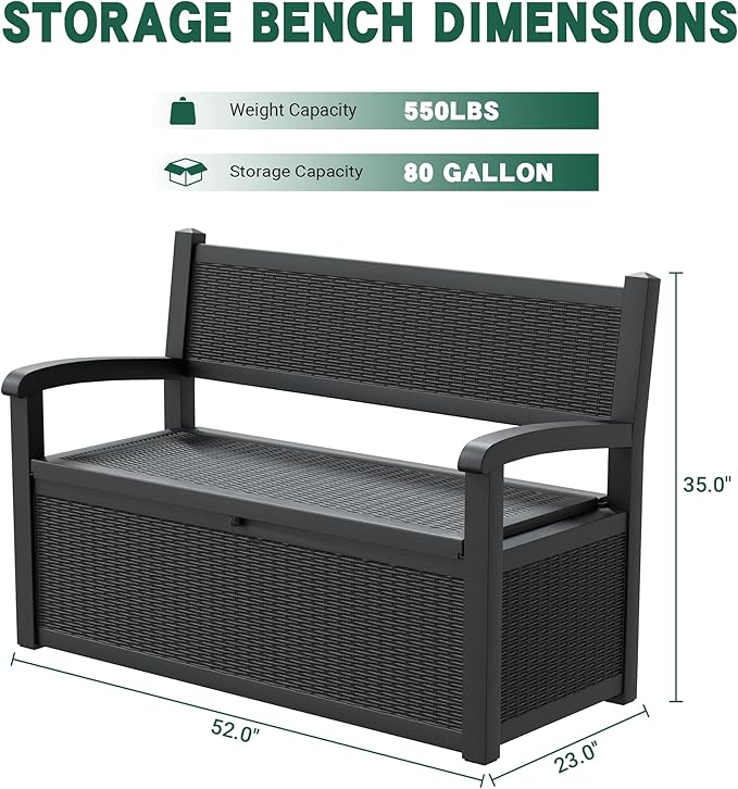 80 Gallon Outdoor Storage Box, Resin Patio Furniture with Armrest, Lockable Deck Box with Waterproof and UV Resistant for Patio Cushions, Garden Tools and Pool Supplies, Black