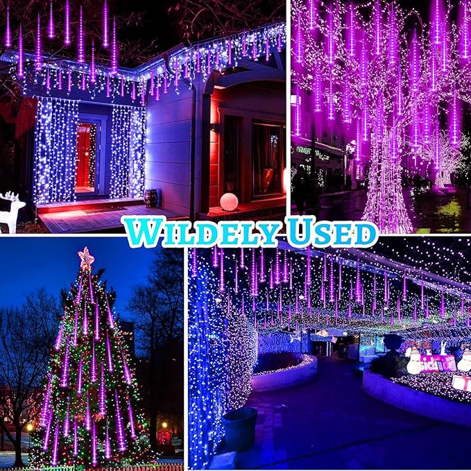 Christmas Purple Meteor Shower Rain Lights, 10 Tube 360 LED 12 Inch for Outdoor Halloween Falling String Raindrop Decor, Patio Garden Roof Eaves