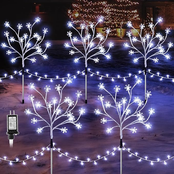 Enhon 5 Pack Snowflake Christmas Pathway Lights, 180 LED Garden Stake Lights with 8 Light Modes and Timer Function, Waterproof Xmas Decoration Tree Light for Outdoor Yard Lawn Patio Decor (Cool White)