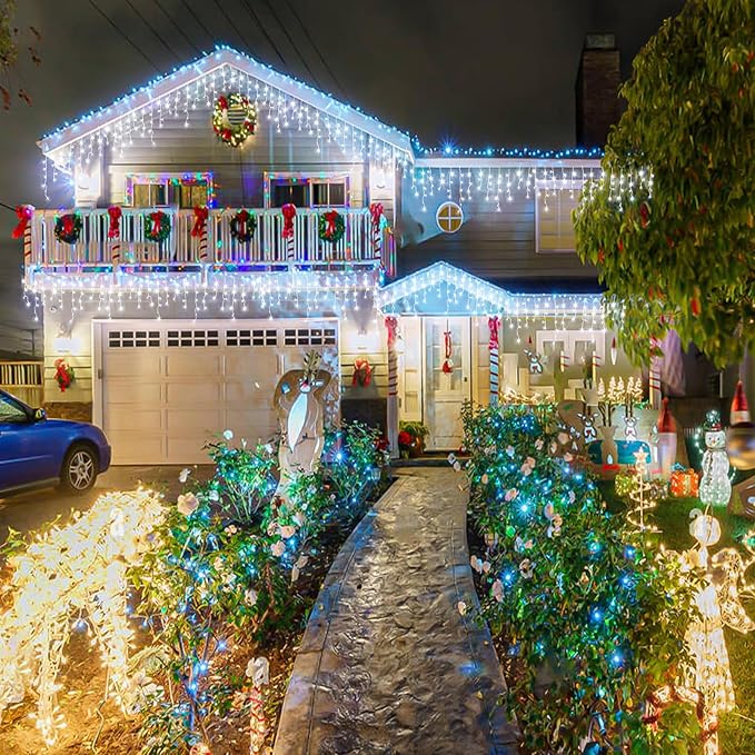 Icicle lights Outdoor - 33ft Christmas Lights with 400LED 75 Drops 8 Modes, Plug in Curtain String Lights Waterproof for Holiday Wedding Party Home Garden Bedroom Indoor Outdoor Decoration, Cool White