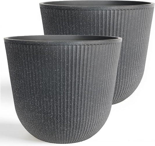 WORTH Garden Round Large Planter Pot Set of 2-17.5" Dia x 15.5" H - Durable Plastic Grey Plant Tree Pots with Vertical Stripe Textured Finish, Drainage Hole for Indoor, Outdoor, Front Porch, Patio