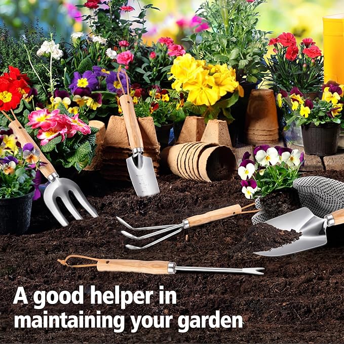 Garden Tools 5-Pieces, Heavy Duty Gardening Hand Tools with Wooden Handle, Canvas Gloves, Stainless Steel Material, Rust-Proof Garden Tool Set, Ideal Gardening Gifts for Women