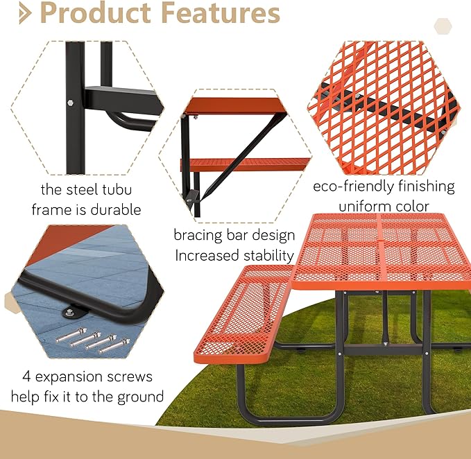 72'' Steel Rectangular Picnic Table for Outdoors, Expanded, Lifetime Picnic Table with Umbrella Hole, Heavy Duty Sturdy Commercial Picnic Tables for Garden Courtyard BBQ, Orange