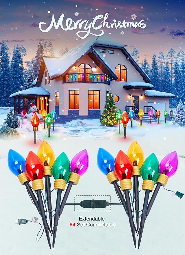Brightown Super Jumbo C9 Christmas Pathway Lights Outdoor - 2 Pack 11 Feet 5 LED Jumbo C9 Pathway Lights, Jumbo Colored Light Bulb Christmas Lights Outdoor Decorations for Lawn Holiday Yard Multicolor