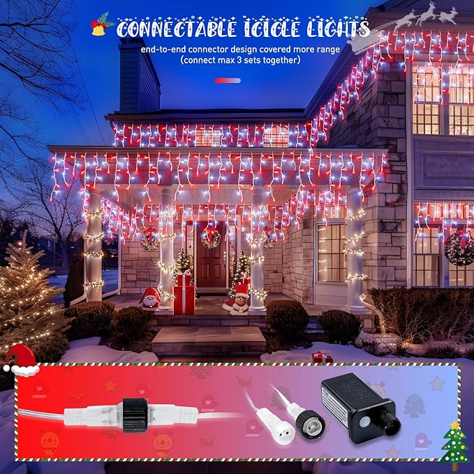 JMEXSUSS 38.8 Ft 400 LED Icicle Christmas Lights for Outside, 8 Modes Red and White Icicle String Lights Plug in with Remote, Christmas Lights Indoor Outdoor for Halloween Party Christmas Decoration