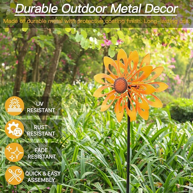 Birthday Gifts for Women Floral Yard Garden Wind Spinners - Large Outdoor Metal Wind Spinners with Vane, Lawn Yard Art Garden Decor (Sunflower)