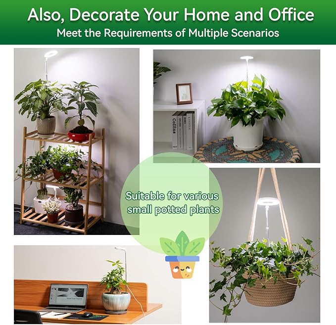 Grow Light for Indoor Plants, Full Spectrum 48LEDs Small Grow Light, Plant Light Super Bright with 4/8/12/18H Auto Timer, Dimmable, Adjustable Height 7"-17", Halo Φ3.5", Power Cord 78", Plug Included