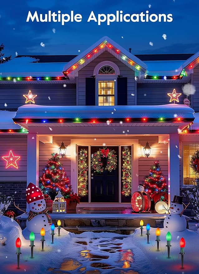 Brightown Frosted C9 LED Christmas Lights Outdoor, 32Ft Pathway Lights with 25 LED Bulbs and Stakes, Multicolor Christmas Decorations for Outside Driveway, Walkway, Sidewalk