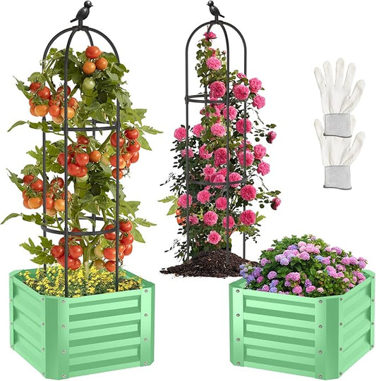 1Pack Raised Garden Beds Outdoor, Galvanized Metal Raised Garden Bed with Trellis, 16x16x60inch Tomato Cage Planters Box with Trellis for Climbing Plants Vegetable Vine Flowers