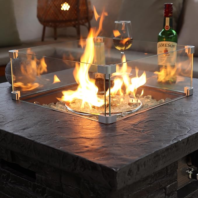 32" Outdoor Propane Fire Pit Table, Stone Fire Table Square Firepit w Glass Wind Guard(50,000 BTU), 2 Piece Slate Gas Fire Table in Deep Grey w Fire Glass, Rain Cover for Outside, Backyard